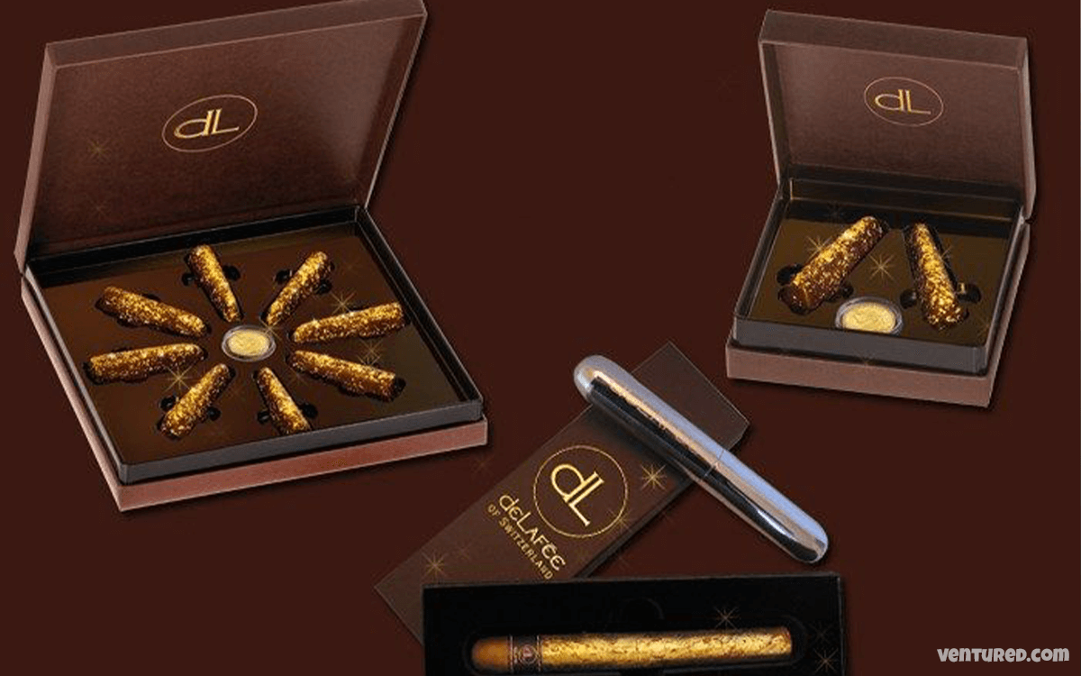 DeLafée Gold Chocolate Box with Antique Swiss Gold Coin Price $517 for a box of eight pralines